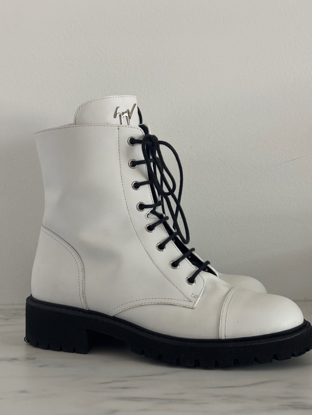 Giuseppe Zanotti White Leather Combat Boots, Size 41